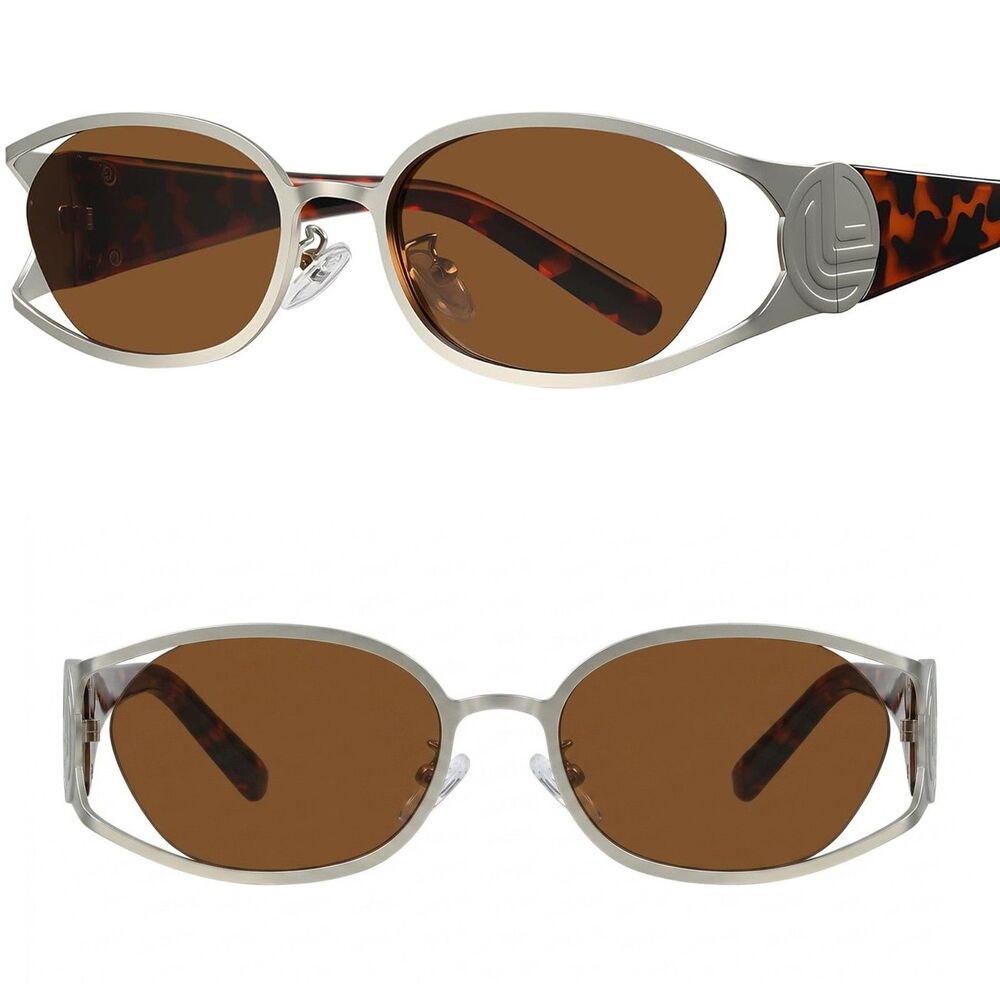 *Case Included* Women's Oval Polarized Sunglasses Silver Frame Brown Lens Retro